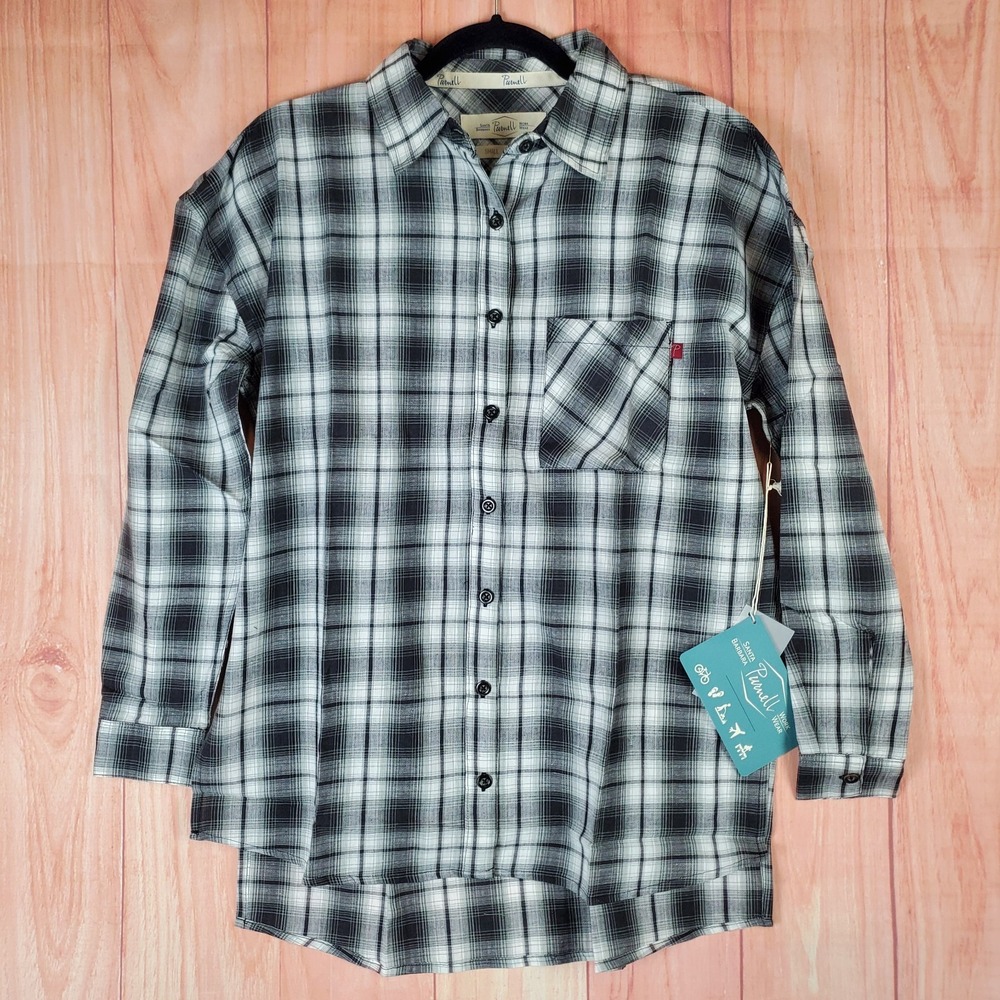 Purnell Boyfriend Shirt Womens Small Black White Graph Plaid Cotton Button Up